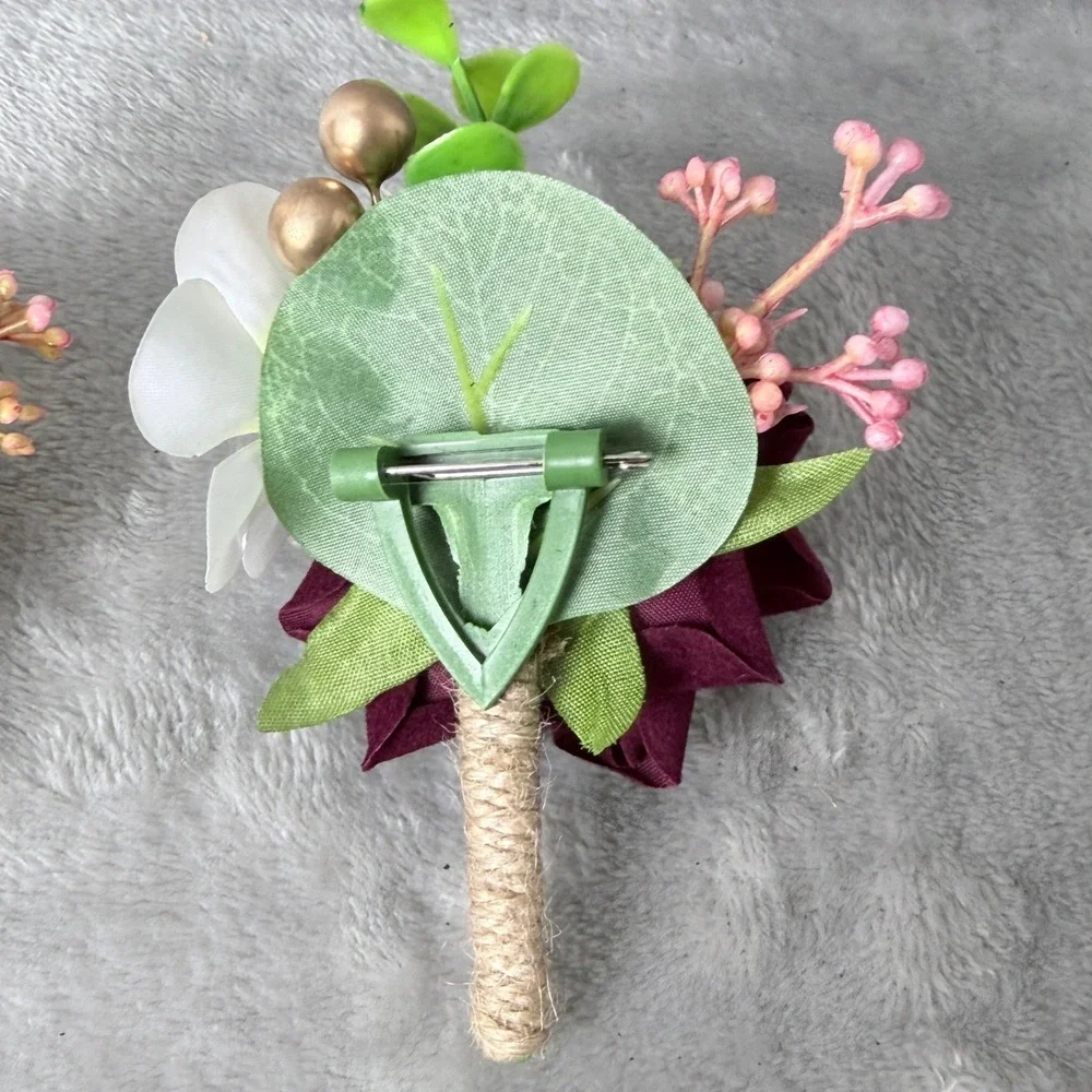 Boutonnière 6pc Burgundy Rose Gold Accents Rustic Wedding Formal Floral Groom
